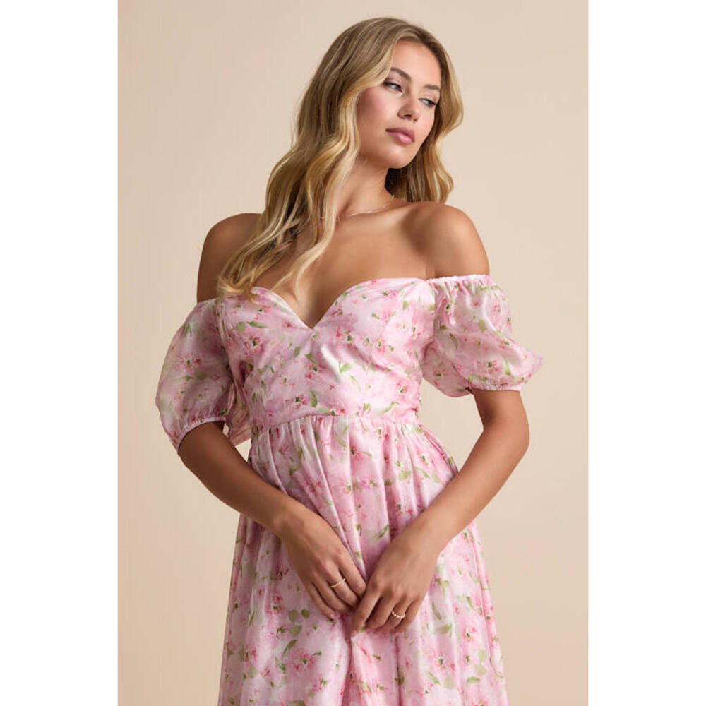 Lulus Sincerely Wondrous Pink Floral Puff Sleeve Tiered Midi Dress - Size XL